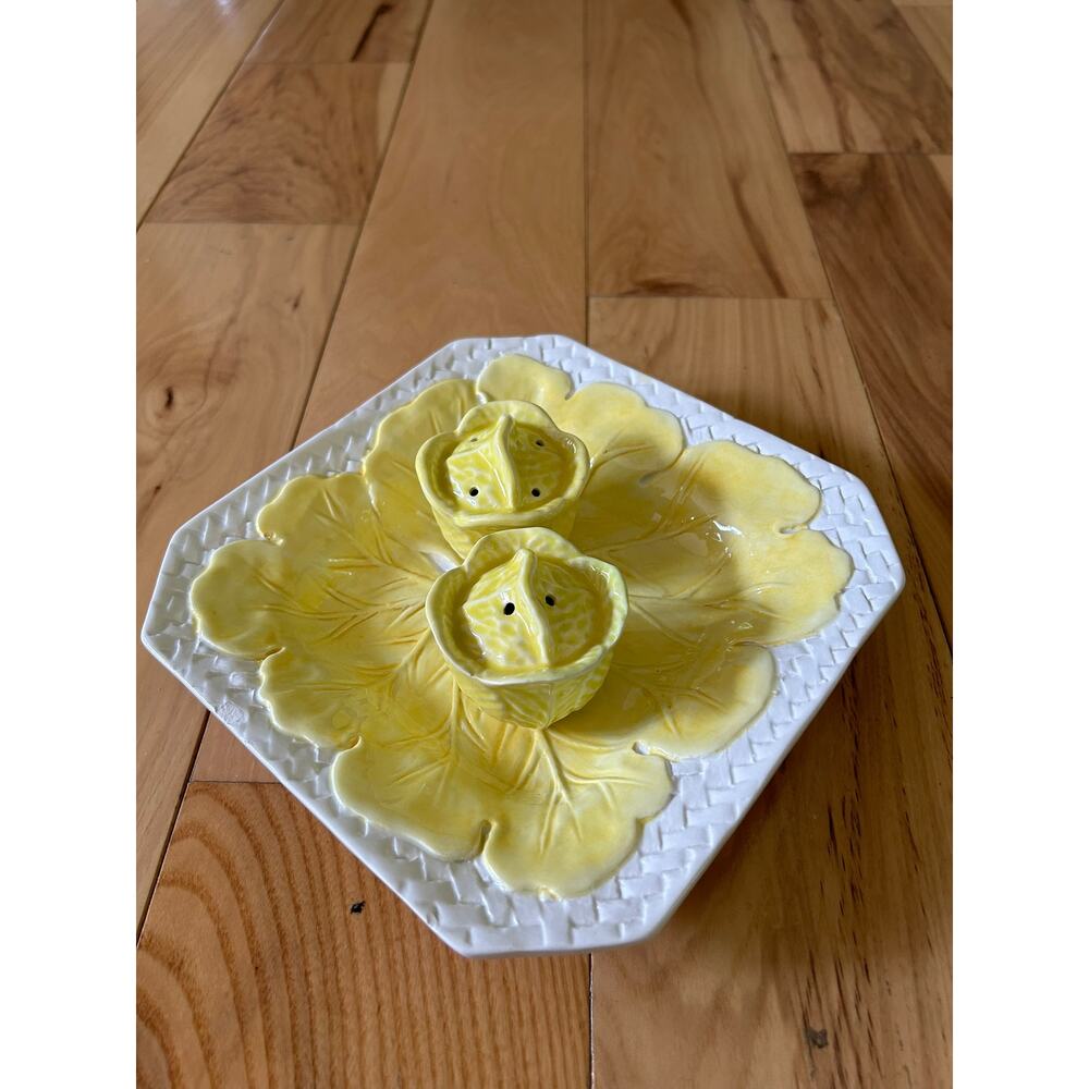 Secla Cabbage Yellow Salt & Pepper Shaker SET, Meiselman Imports Plate Vintage